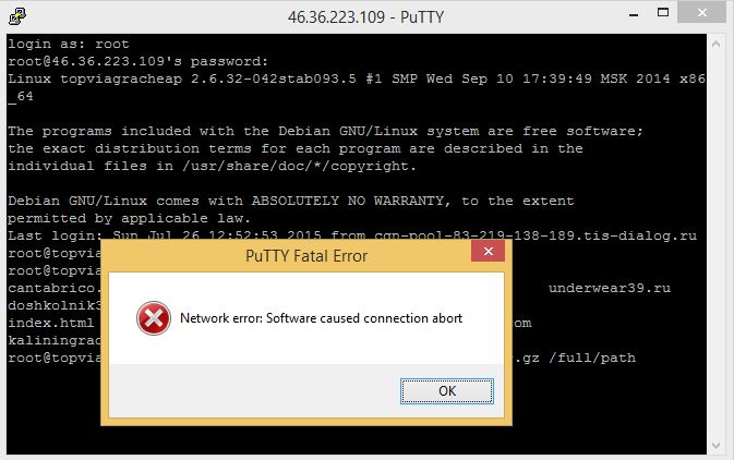 PuTTY: Network error: Software caused connection abort